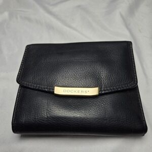 Dockers Genuine Leather Tri-Fold Wallet Kiss Lock Change Pocket Black Card Slots